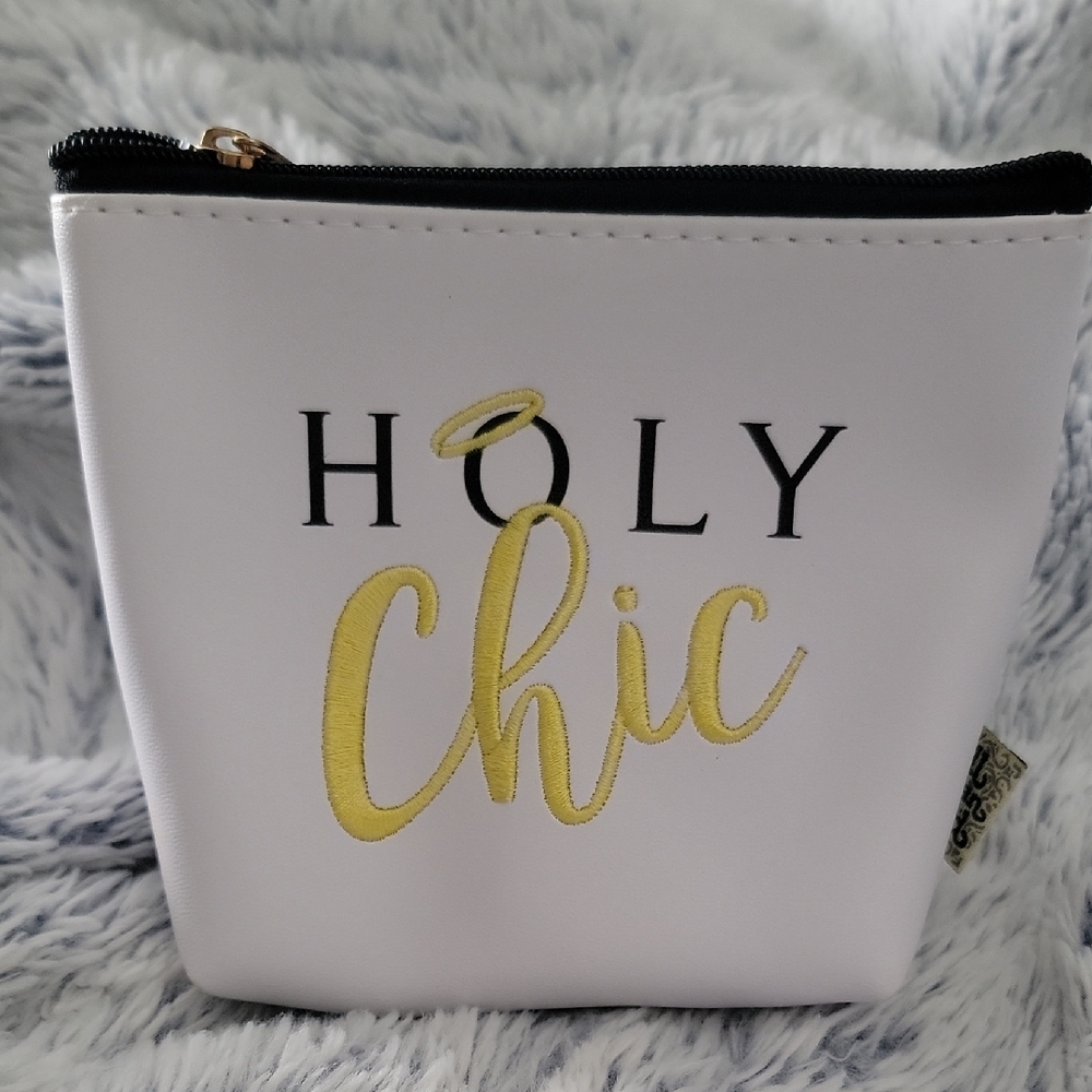 Holy Chic Makr Up Pouch Embroidered White And Gold New With Tags